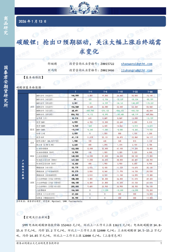 碳酸锂：抢出口预期驱动，关注大幅上涨后终端需求变化