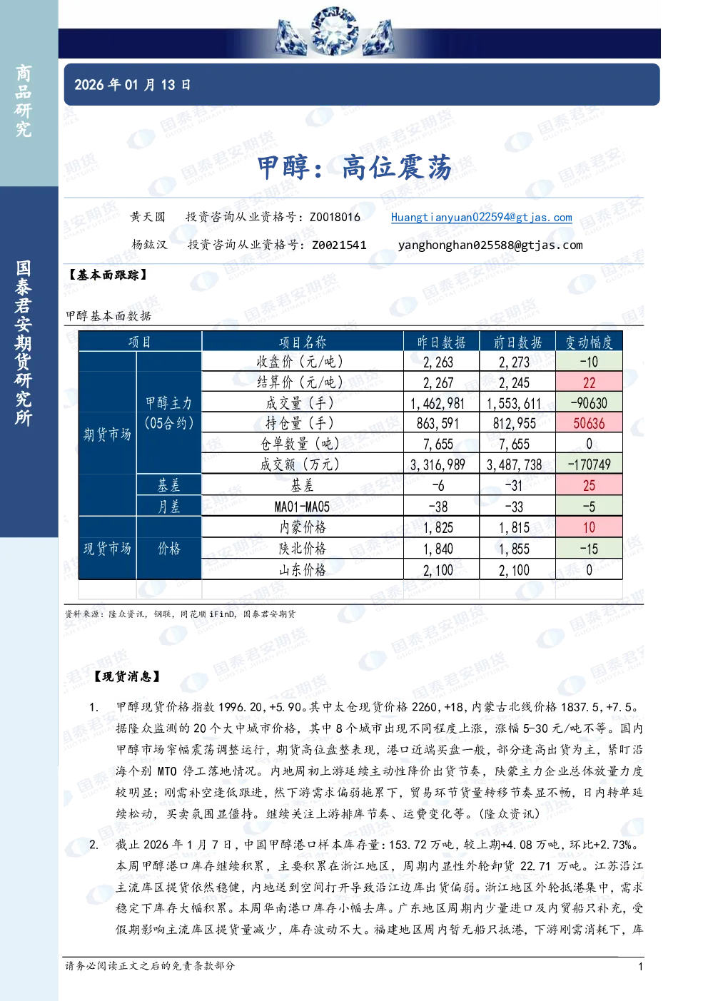 甲醇：高位震荡