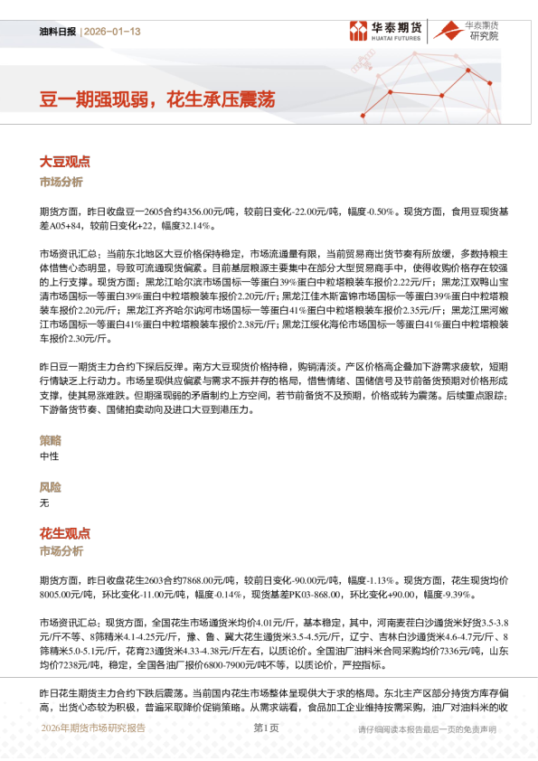 油料日报：豆一期强现弱，花生承压震荡
