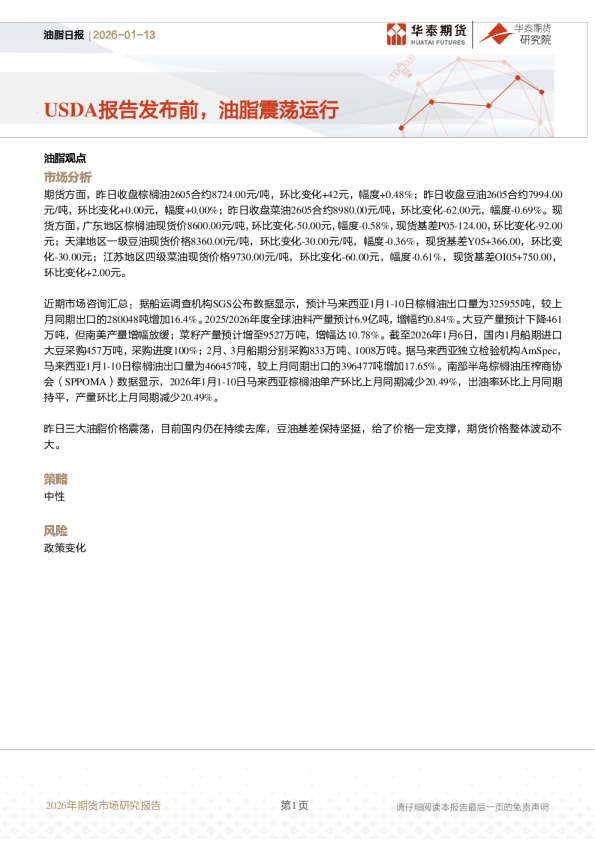 油脂日报：USDA报告发布前，油脂震荡运行