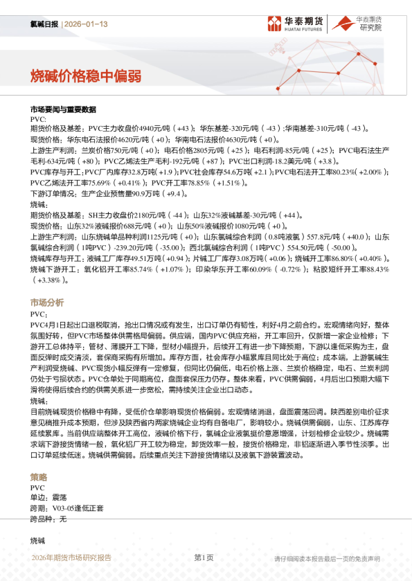 氯碱日报：烧碱价格稳中偏弱