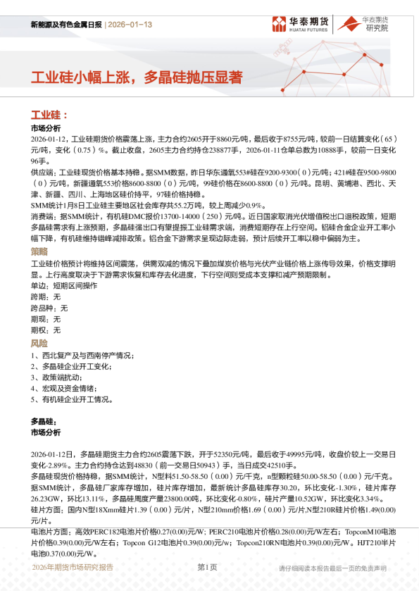 新能源及有色金属日报：工业硅小幅上涨，多晶硅抛压显著