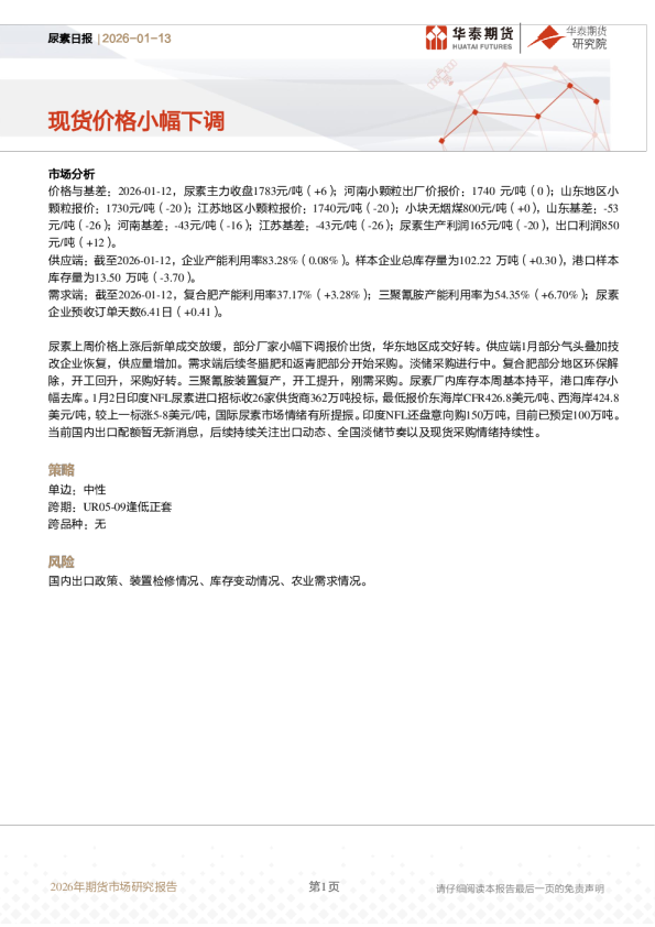 尿素日报：现货价格小幅下调