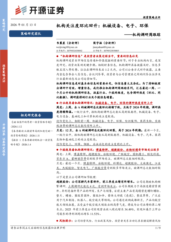 机构调研周跟踪：机构关注度环比回升：机械设备、电子、环保
