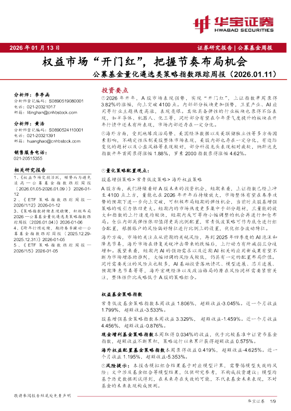 公募基金量化遴选类策略指数跟踪周报：权益市场“开门红”，把握节奏布局机会