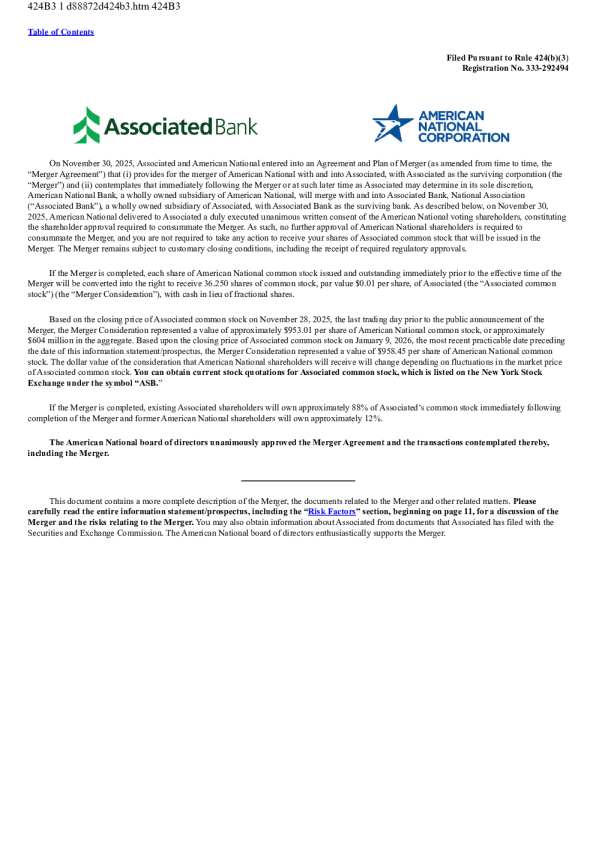 Associated Banc-Corp美股招股说明书(2026-01-13版)