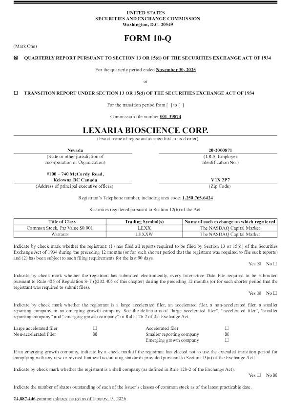 Lexaria Bioscience Corp 2026年季度报告