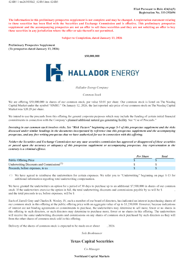 Hallador Energy Co美股招股说明书(2026-01-13版)