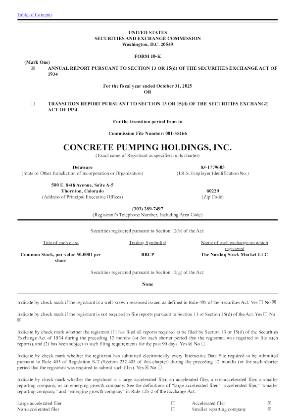 Concrete Pumping Holdings Inc 2025年度报告