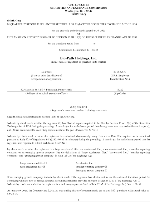 Bio-Path Holdings Inc 2026年季度报告