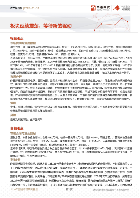 农产品日报：板块延续震荡，等待新的驱动