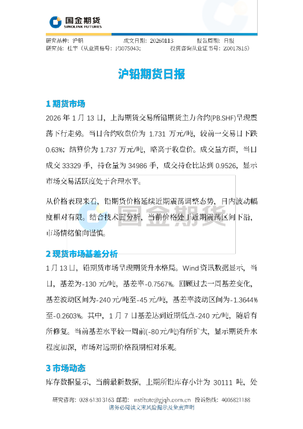 沪铅期货日报