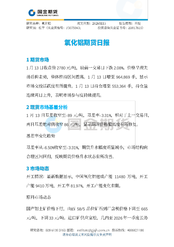 氧化铝期货日报