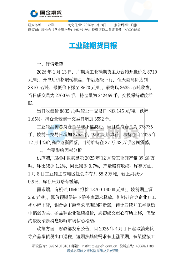 工业硅期货日报