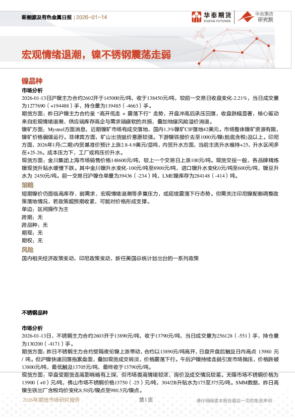 新能源及有色金属日报：宏观情绪退潮，镍不锈钢震荡走弱
