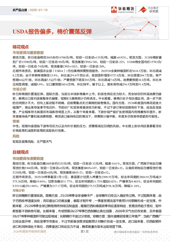 农产品日报：USDA报告偏多，棉价震荡反弹