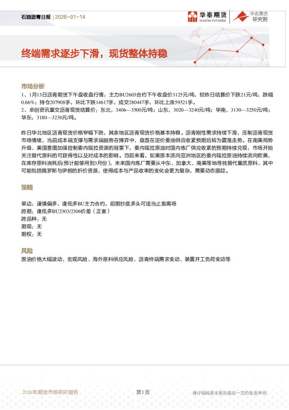 石油沥青日报：终端需求逐步下滑，现货整体持稳