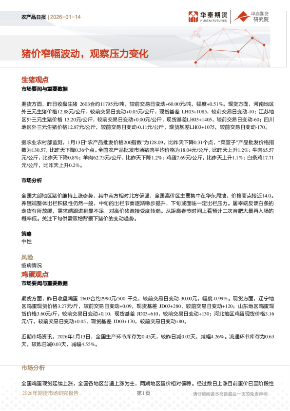 农产品日报：猪价窄幅波动，观察压力变化