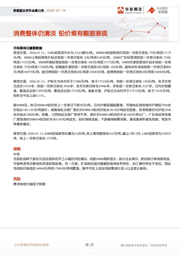 新能源及有色金属日报：消费整体仍清淡 铅价难有靓丽表现