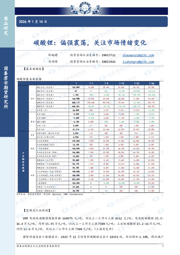 碳酸锂：偏强震荡，关注市场情绪变化
