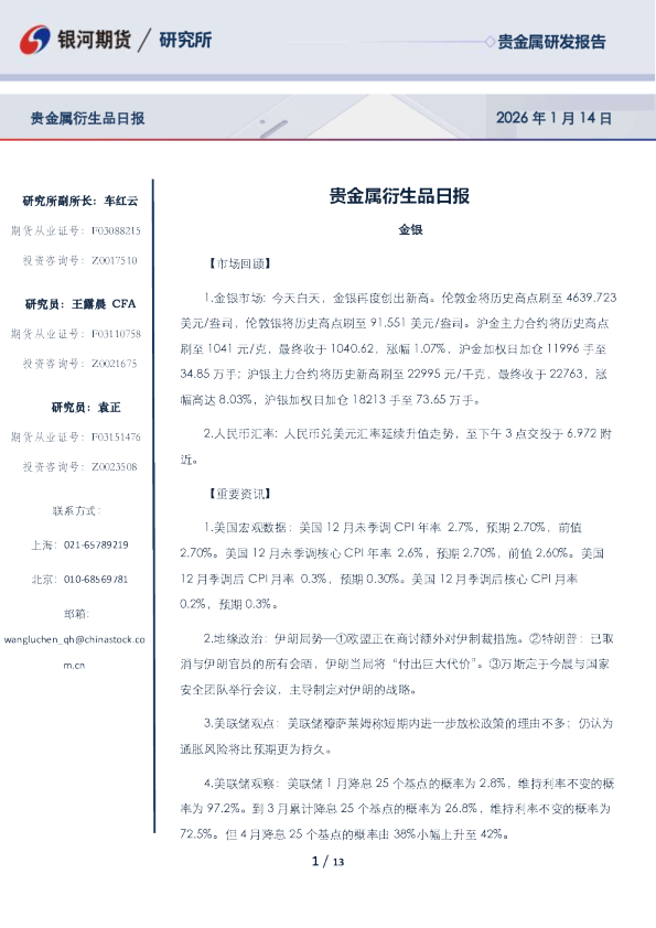 贵金属衍生品日报