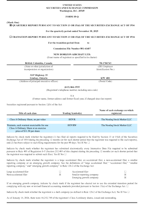 New Horizon Aircraft Ltd-A 2026年季度报告
