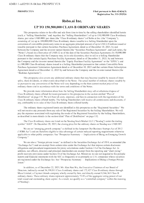 Robo.ai Inc-B美股招股说明书(2026-01-14版)