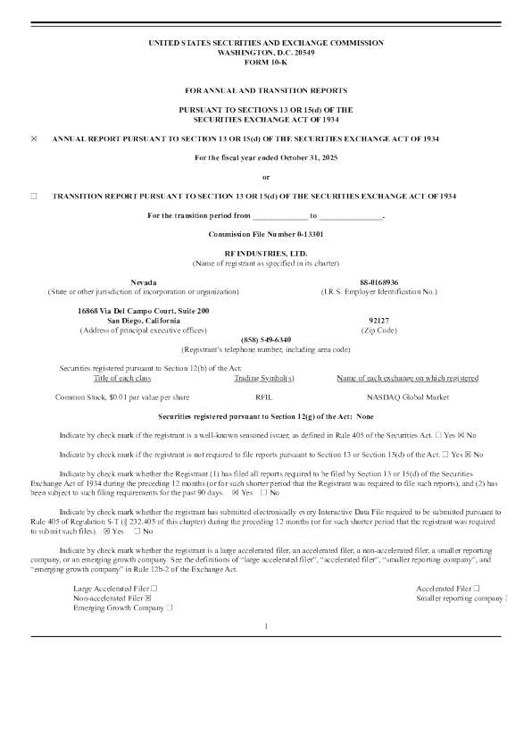 RF Industries Ltd 2025年度报告
