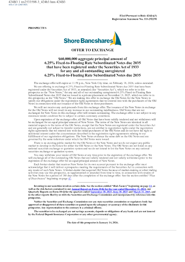 Shore Bancshares Inc美股招股说明书(2026-01-14版)