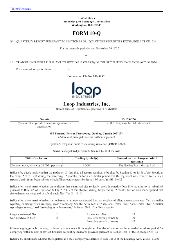 Loop Industries Inc 2026年季度报告