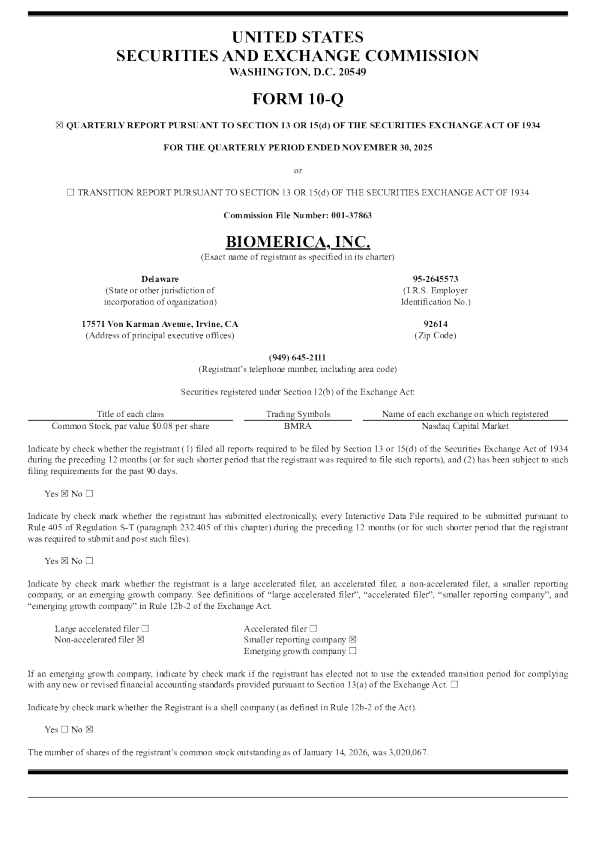 Biomerica Inc 2026年季度报告
