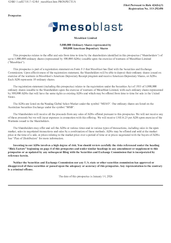 Mesoblast Ltd ADR美股招股说明书(2026-01-14版)