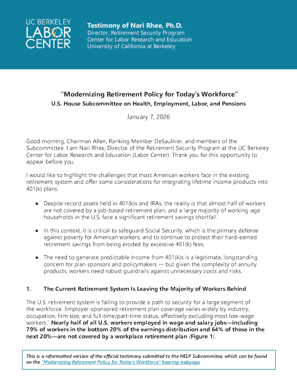 在美国众议院健康、就业、劳动和养老金小组委员会关于“为当今劳动力实现退休政策现代化”的听证会上作证
