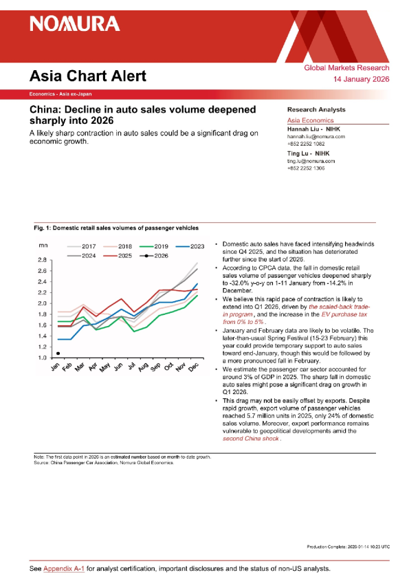 中国：2026年汽车销量下降幅度大幅加深