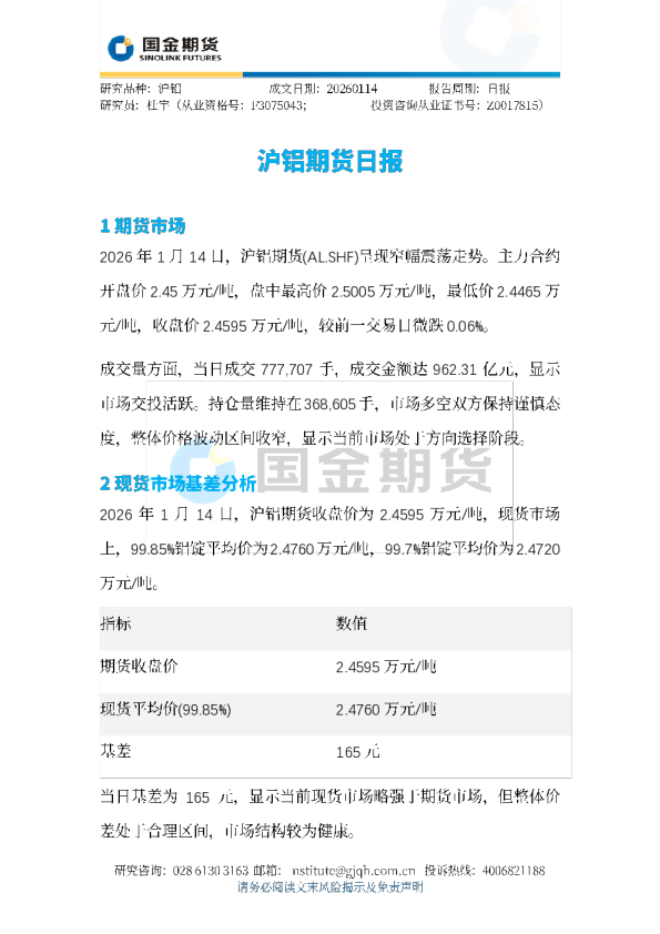 沪铝期货日报