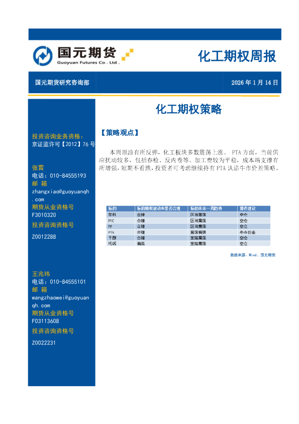 化工期权周报：化工期权策略