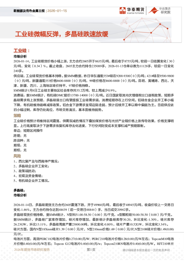 新能源及有色金属日报：工业硅微幅反弹，多晶硅跌速放缓