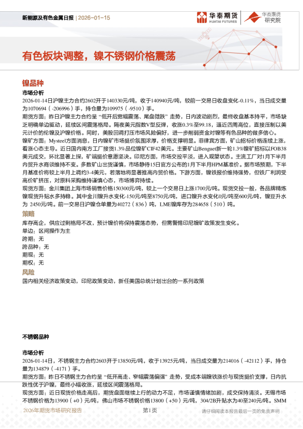 新能源及有色金属日报：有色板块调整，镍不锈钢价格震荡