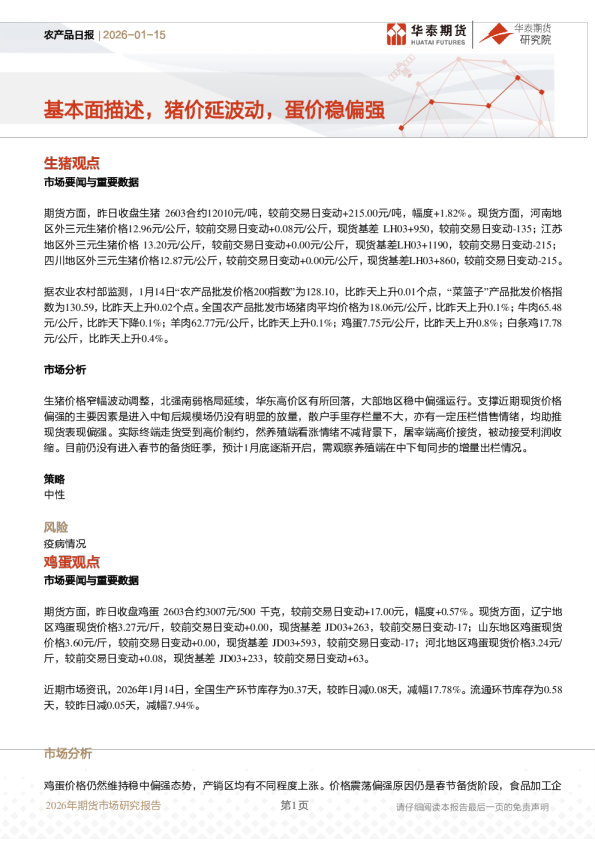 农产品日报：基本面描述，猪价延波动，蛋价稳偏强