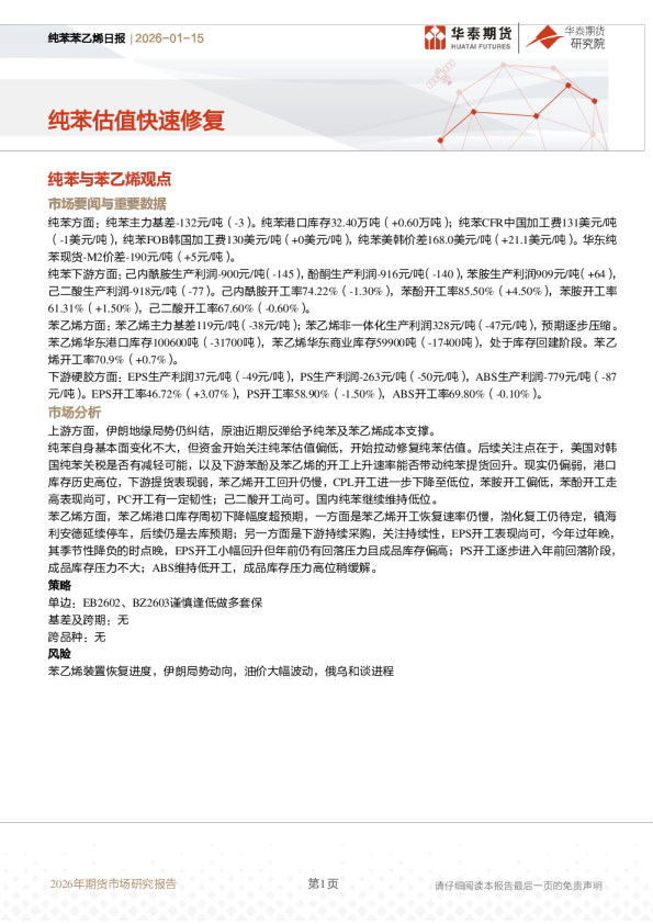 纯苯苯乙烯日报：纯苯估值快速修复