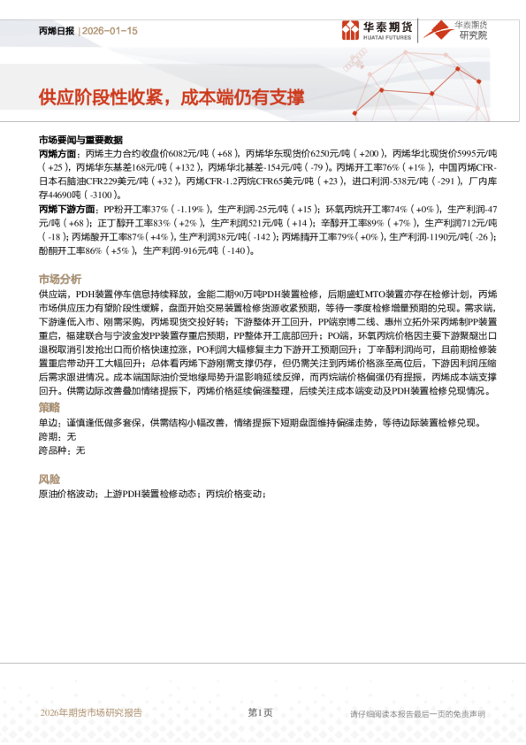 丙烯日报:供应阶段性收紧,成本端仍有支撑
