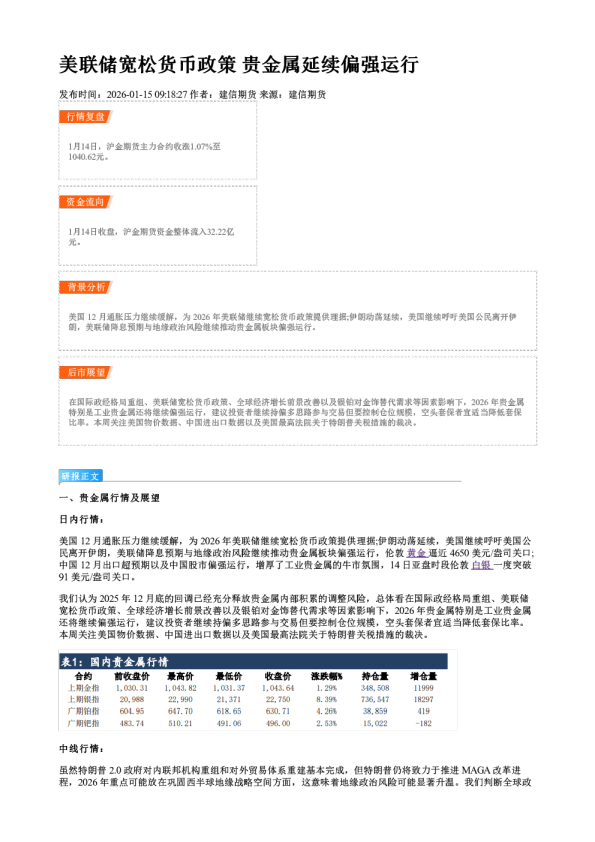美联储宽松货币政策 贵金属延续偏强运行