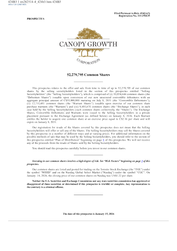 Canopy Growth Corp美股招股说明书(2026-01-15版)
