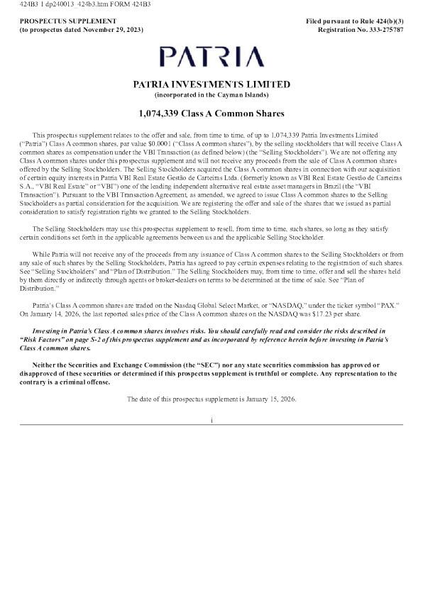 Patria Investments Ltd-A美股招股说明书(2026-01-15版)
