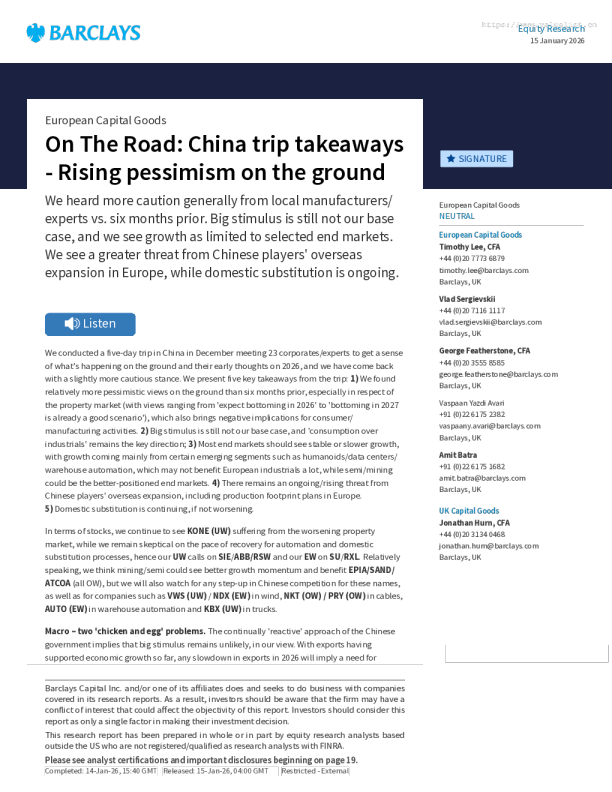 欧洲资本货物：中国之行要点 - 实地悲观情绪加剧