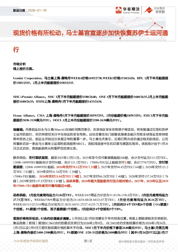 航运日报：现货价格有所松动，马士基官宣逐步加快恢复苏伊士运河通行