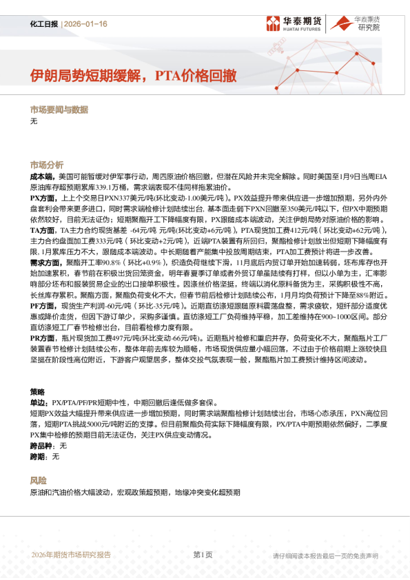 化工日报：伊朗局势短期缓解，PTA价格回撤