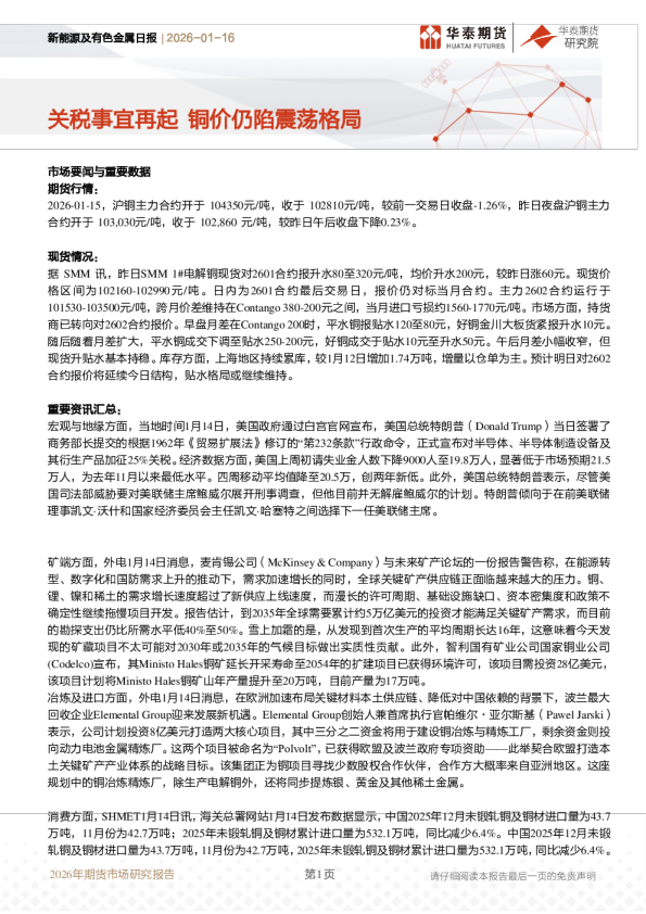 新能源及有色金属日报：关税事宜再起 铜价仍陷震荡格局