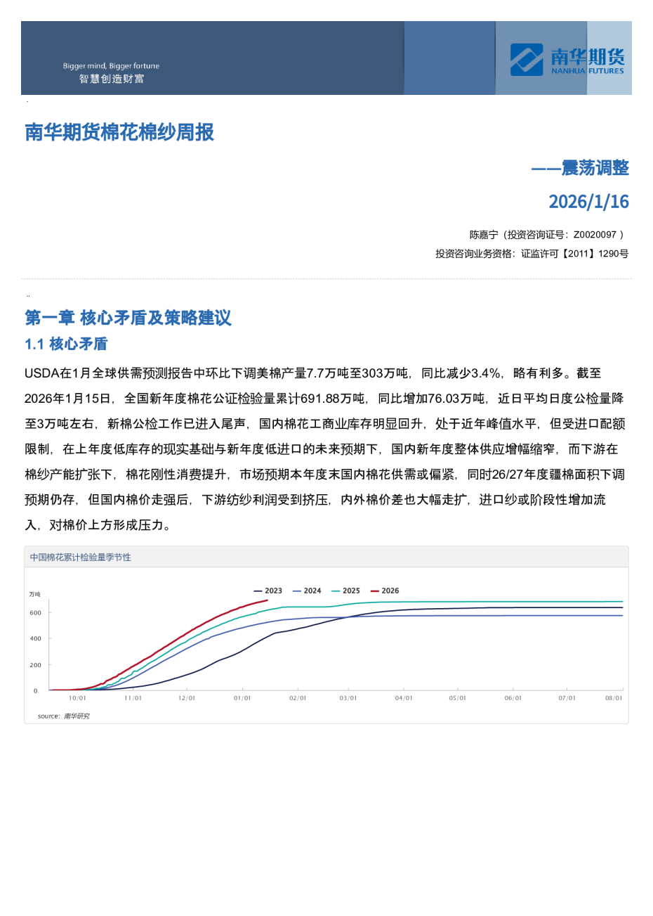 南华期货棉花棉纱周报：震荡调整