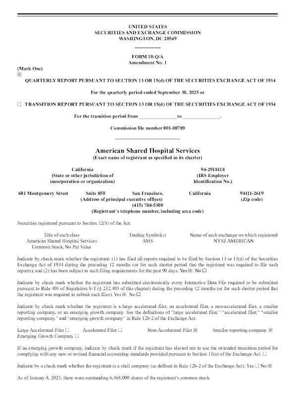 American Shared Hospital Services 2026年季度报告